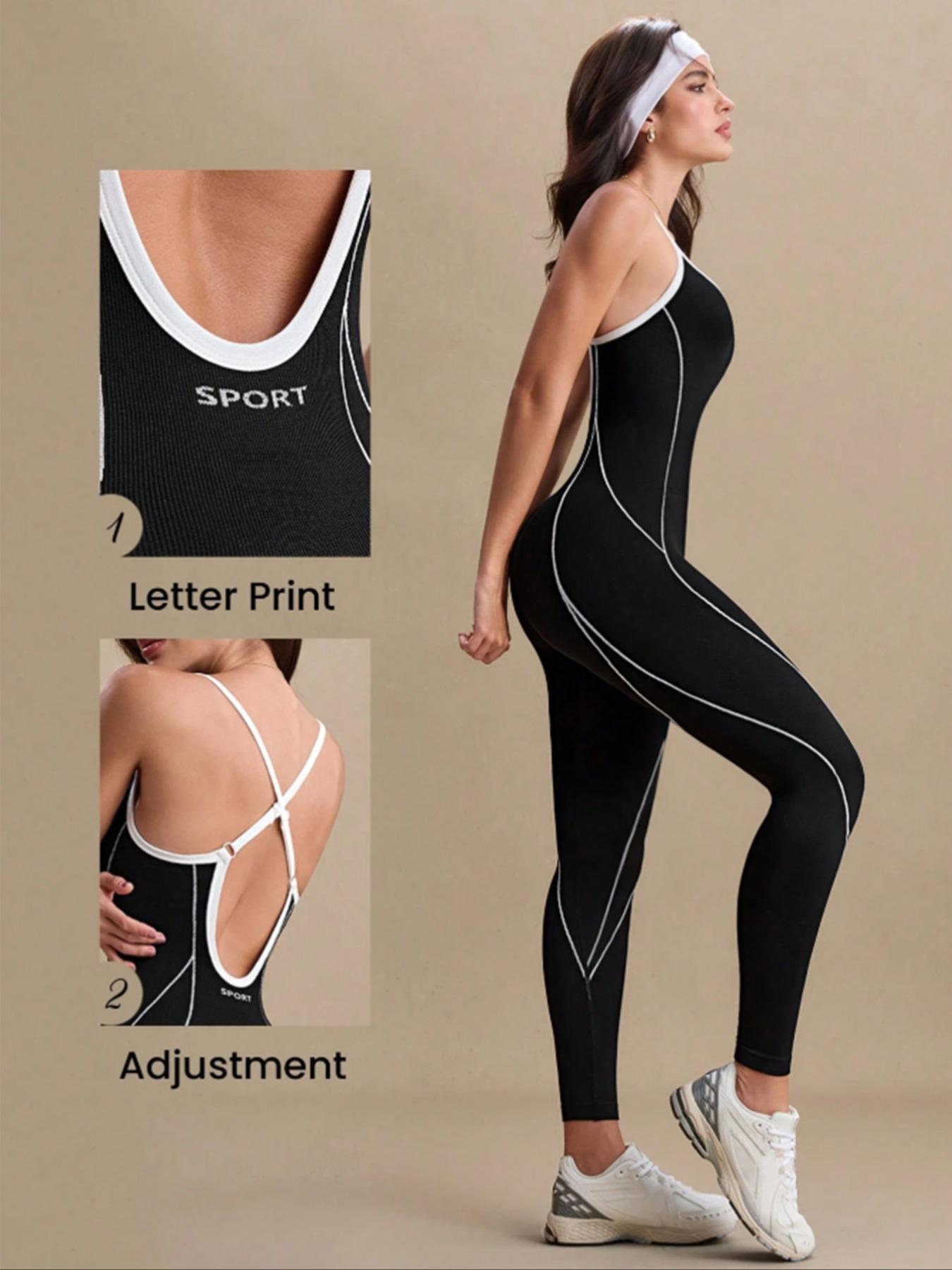 Women's Colorblock U Neck Adjustable Strap High Elastic Yoga Jumpsuit, Sporty Sleeveless Fitness, All Season Comfortable Wear, Workout Jumpsuit, Tummy Control Jumpsuit