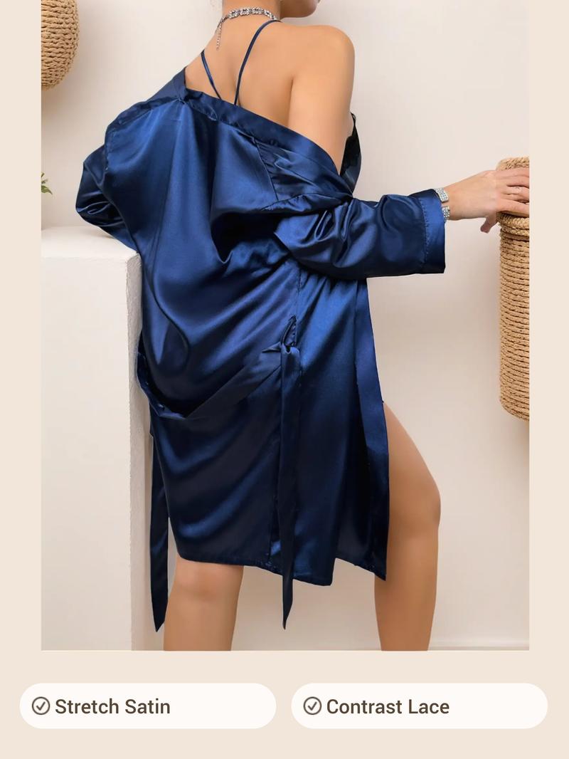 Two-piece Set Women's Solid Belted Satin Robe & Contrast Lace Split Thigh Cami Nightdress Pyjama Set, Elegant Comfy Drop Shoulder Long Sleeve Robe & Cami Nightdress Pj Set, Women's Sleepwear for Spring & Fall, Lady