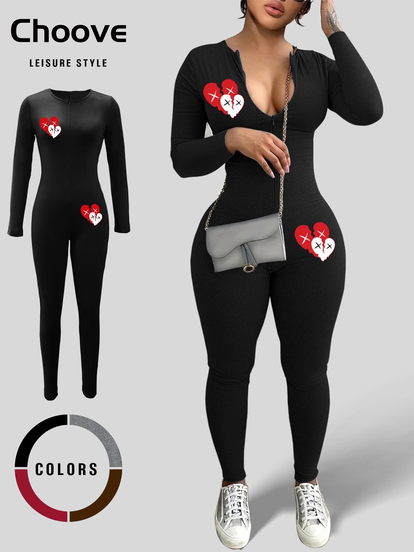 Women's Heart Print Zipper Jumpsuit, Casual Long Sleeve Round Neck Jumpsuit for Daily Wear, Ladies Clothes for All Seasons