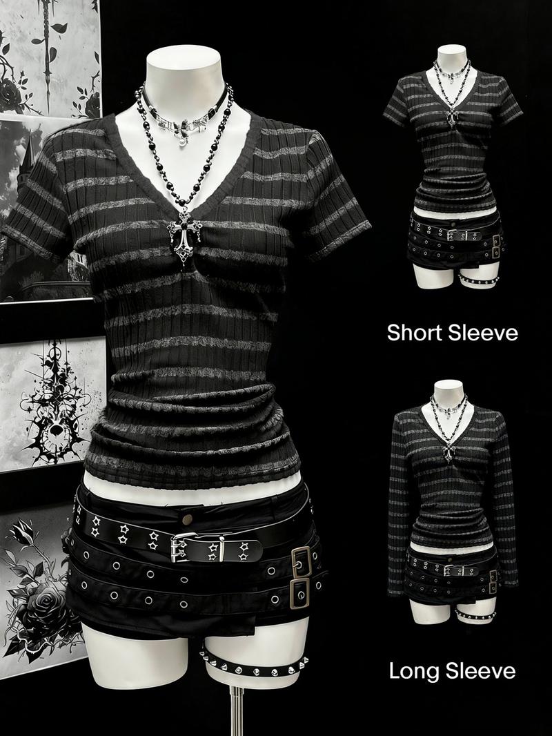 Women's long sleeved and short sleeved T-shirt Gothic style black gray striped V-neck slim knit top, with a close fitting knit material that looks slim and creates a niche Gothic atmosphere.