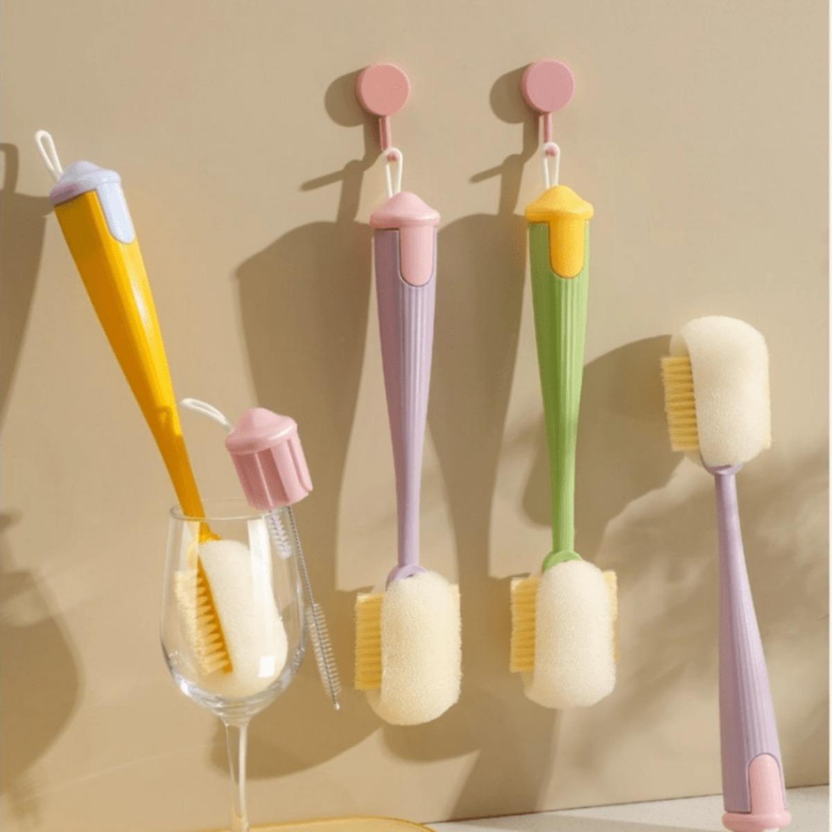 Long-handled Cup Brush Set - Multi-functional Cleaning Tool, Safe Sponge and Stiff Bristle Heads for Bottles/Lids, Detachable Deep Cleaning Dish Scrubber