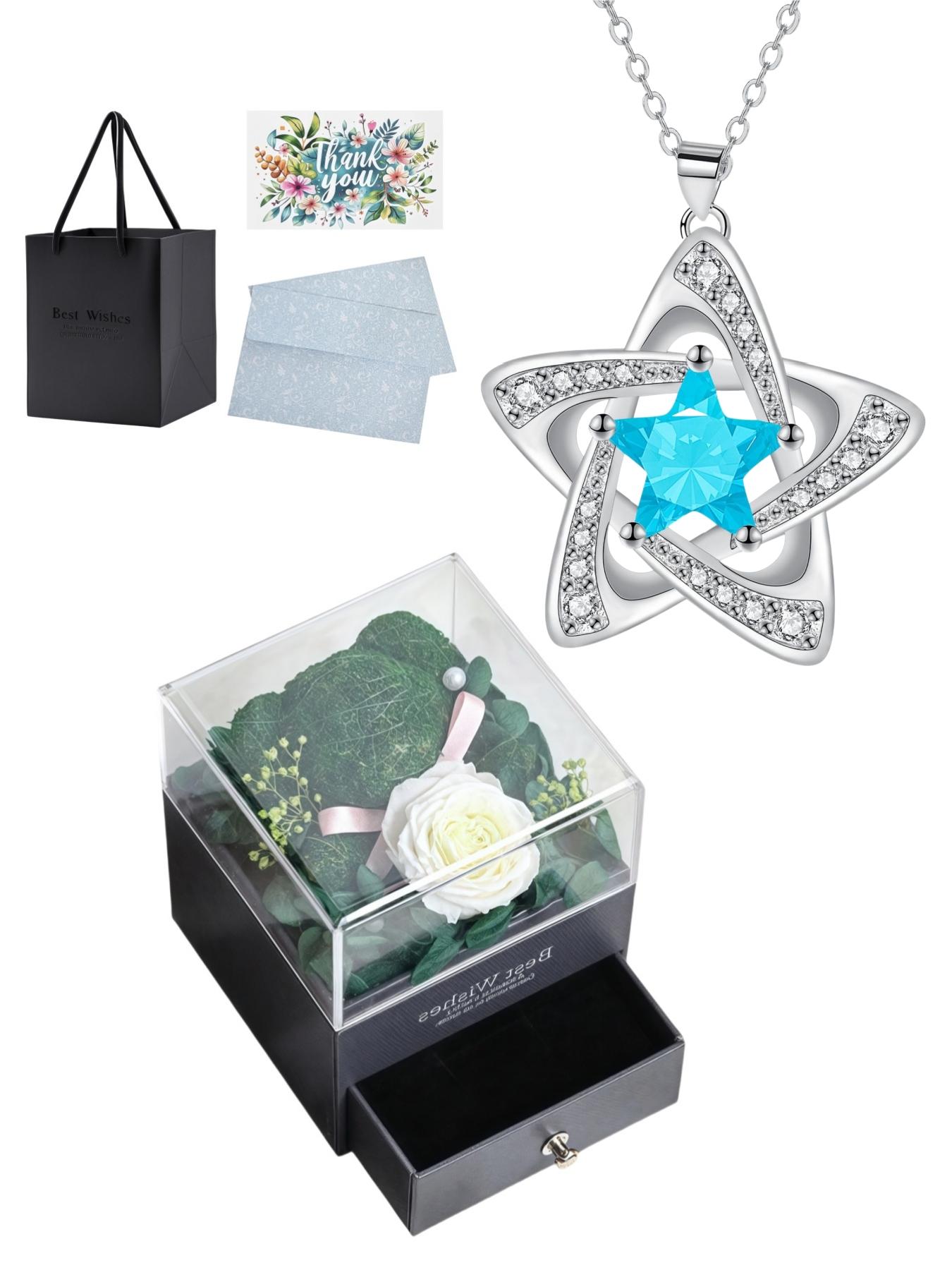"Blue Diamond Stardust" — Elegant blue pentagram sapphire necklace with preserved rose & eco-friendly moss teddy bear gift box. A perfect mysterious gift for festivals, dates, birthdays for wives or daughters, and Valentine's Day.