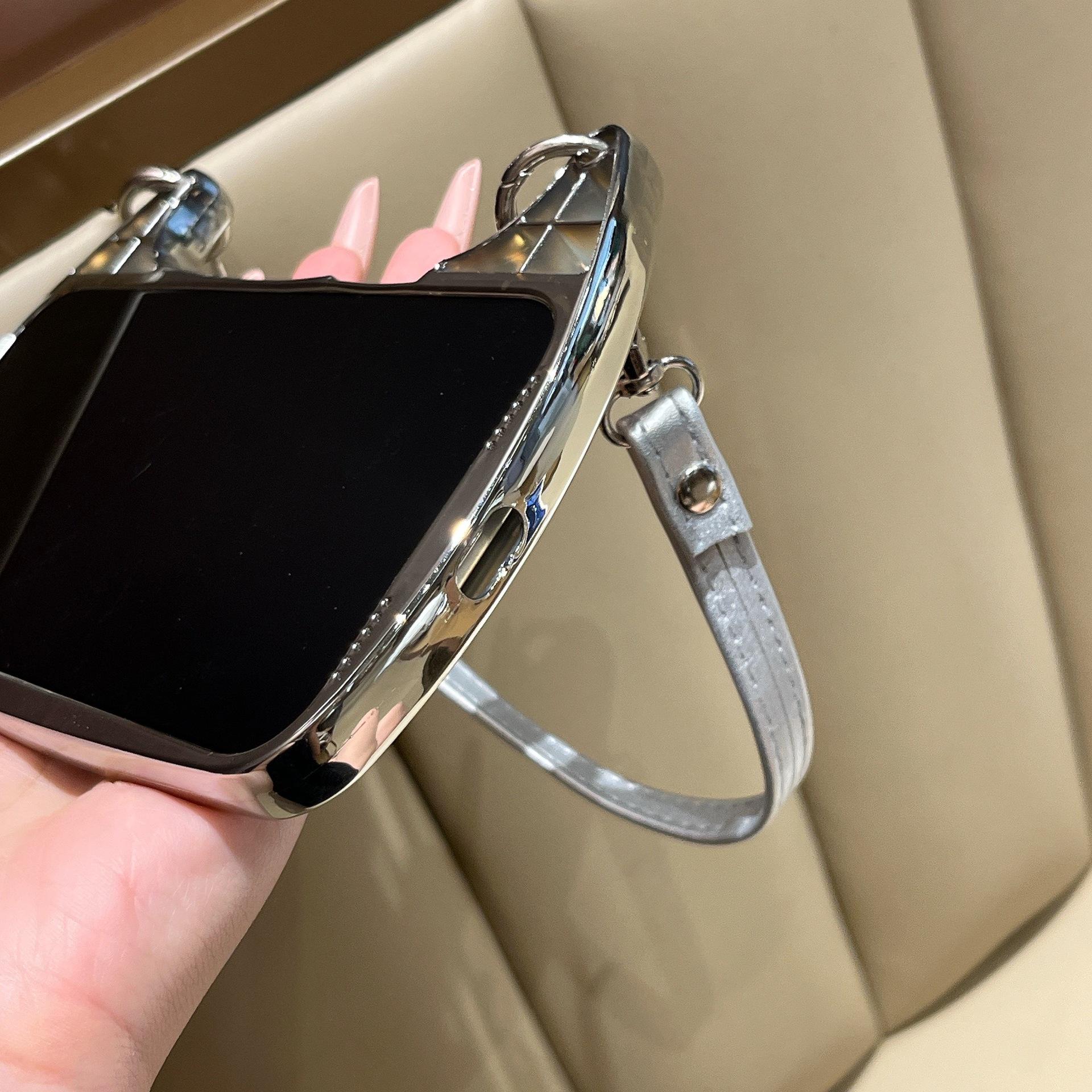 (Case & Nova) Luxury Drip Glaze Mini Handbag-Shape Chrome Case, Electroplated Frame, Pearl Butterfly Decor, Detachable Strap/Wrist Strap, Anti-Drop Shockproof Slim Hard Cover for iPhone 17 Pro Max,16,15,14,13,12,11 Cute Mobile Phone Accessory, Silicone Sh
