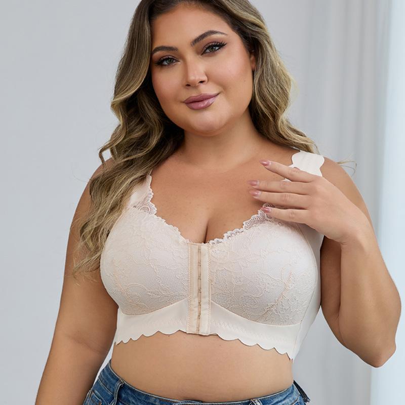 SERACAL 1 Piece Women's Plus Size Floral Lace Front Buckle Wireless Push Up Bra Thin Three Quarter Cup Underwear for Daily Wear