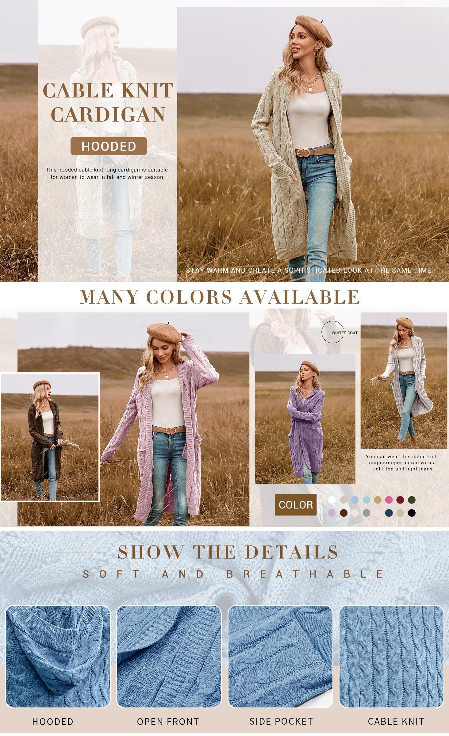 Saodimallsu Women Hooded Open Front Cardigan Cable Knit Sweaters Solid Color Chunky Long Sweater Coats