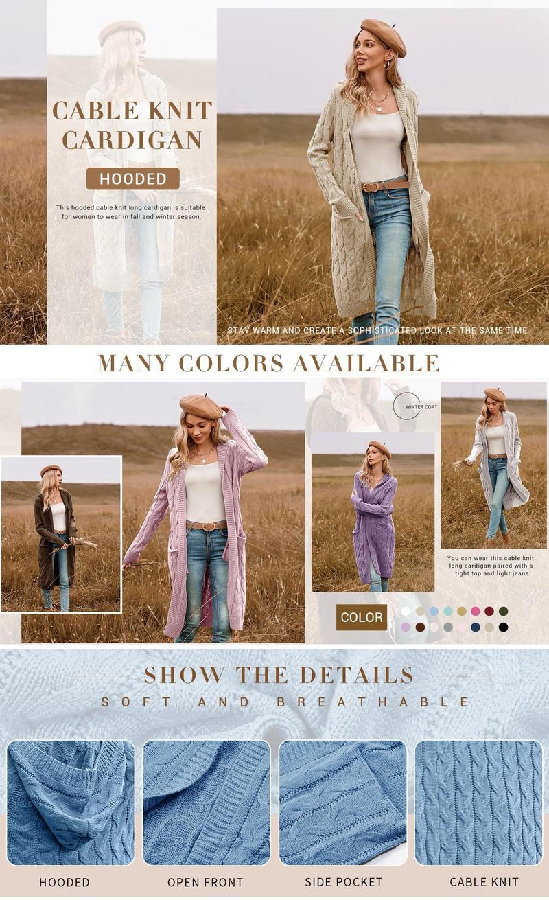Saodimallsu Women Hooded Open Front Cardigan Cable Knit Sweaters Solid Color Chunky Long Sweater Coats