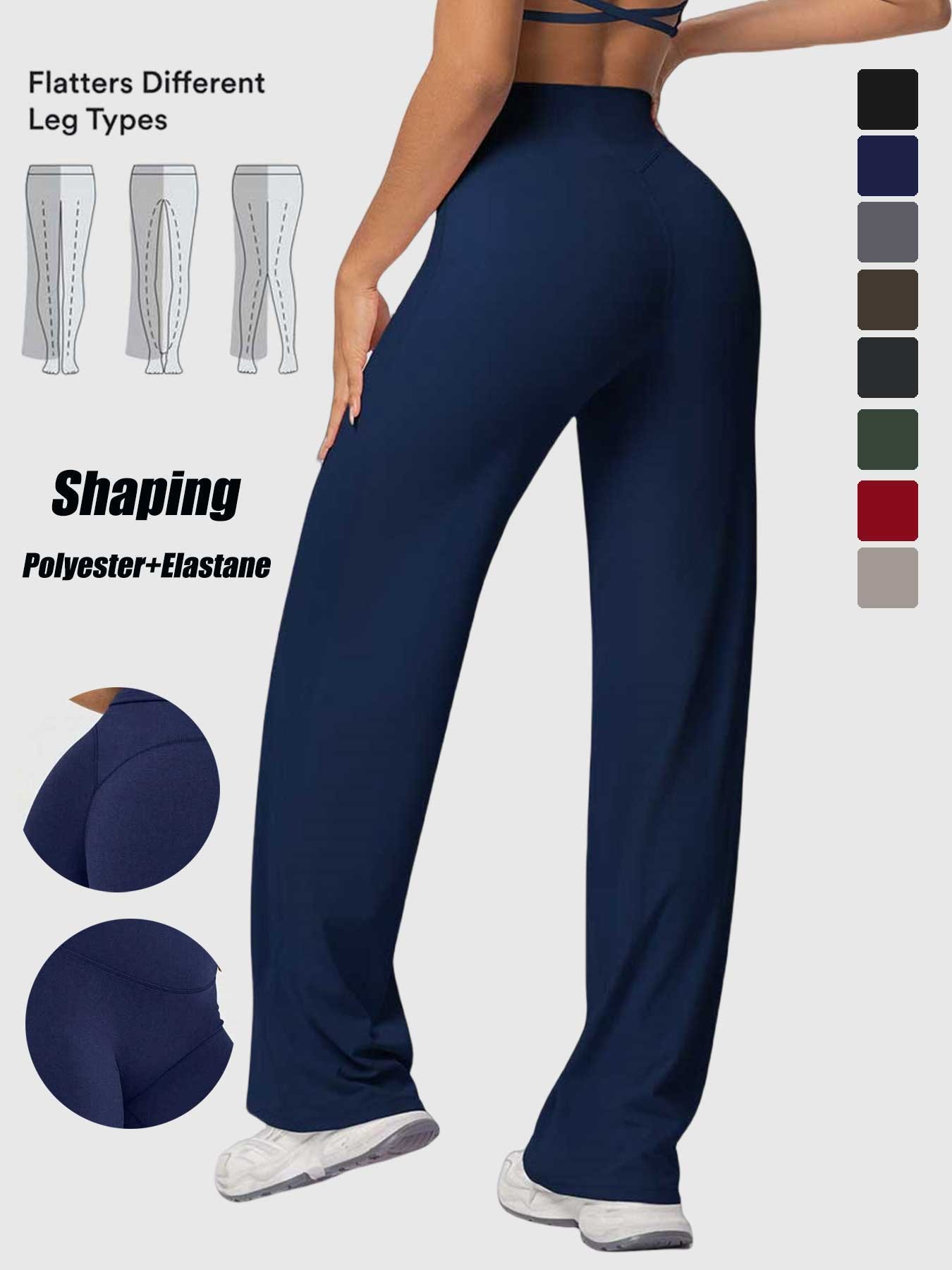 Women's High Waist Wide Leg Yoga Pants, Peach Butt Long Straight Leg Workout Pilates Fitness Quick-Dry Gym Wear, Polyester + Elastane, Athleisure Pants