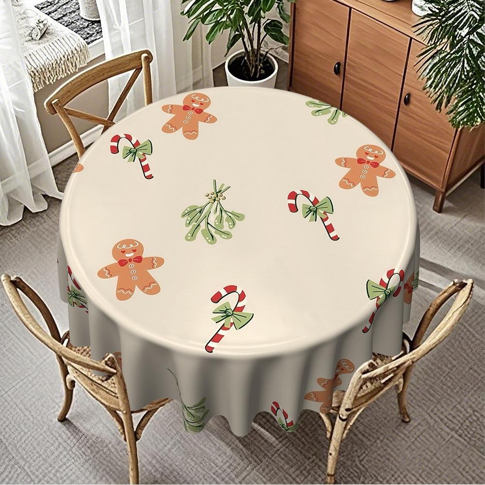Christmas Gingerbread Man Tablecloth, 2D Flat Print, Polyester, 120g/m², Round, Kitchen Restaurant Decor, Party Gift, Hotel Home Use