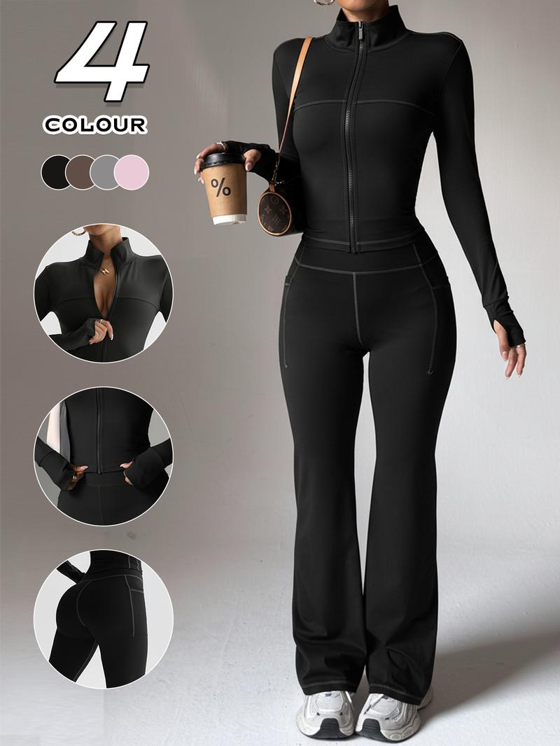 Women's High Stretch Quick-Dry Breathable Long Sleeve Top and Wide Leg Pants Set, Sporty Plain Design, All Seasons Wear