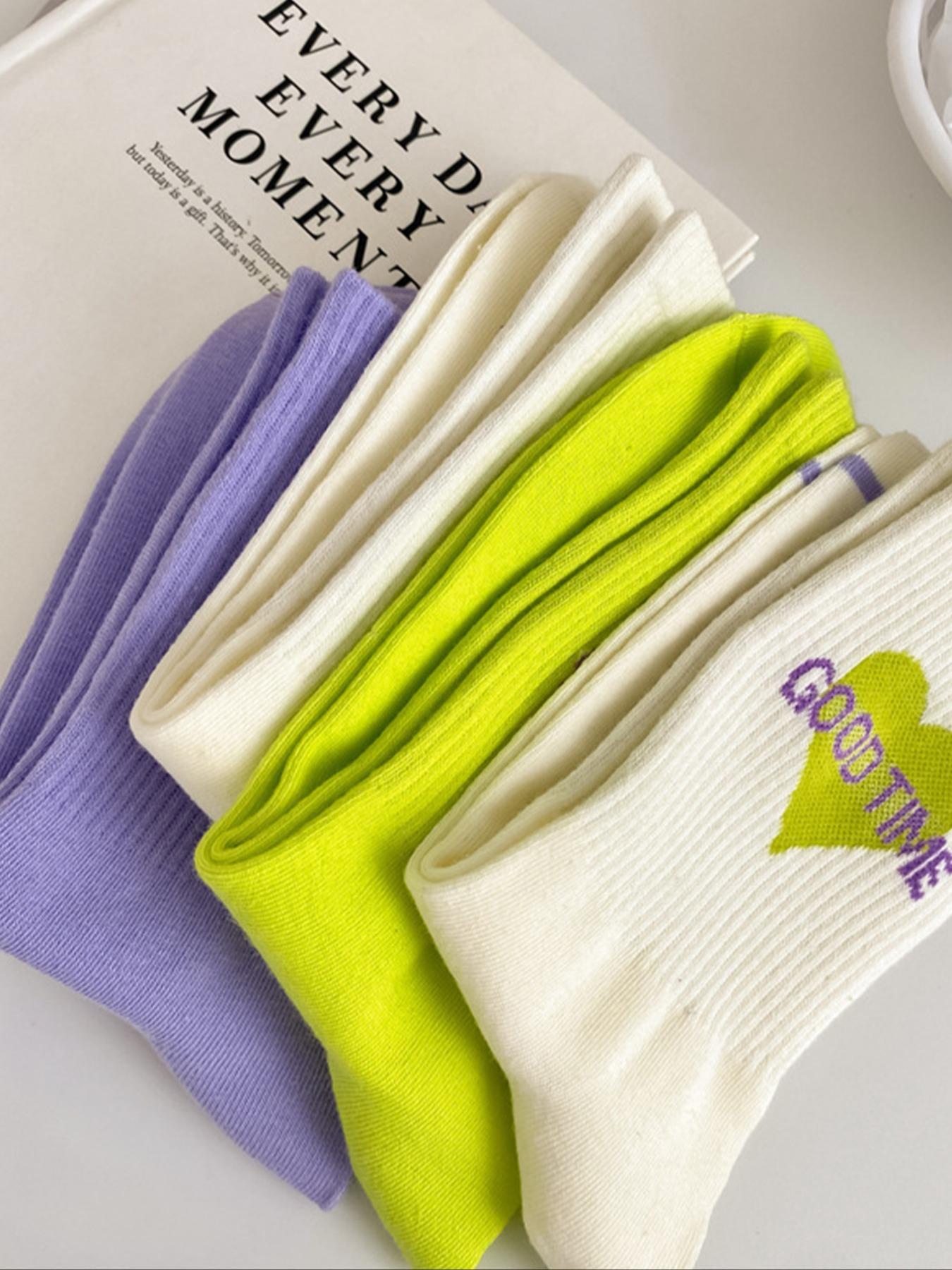 Women's Casual Letter Pattern Street Style Mid-Calf Socks, 4 Pairs, Perfect for Daily Wear, Trendy and Unique Design