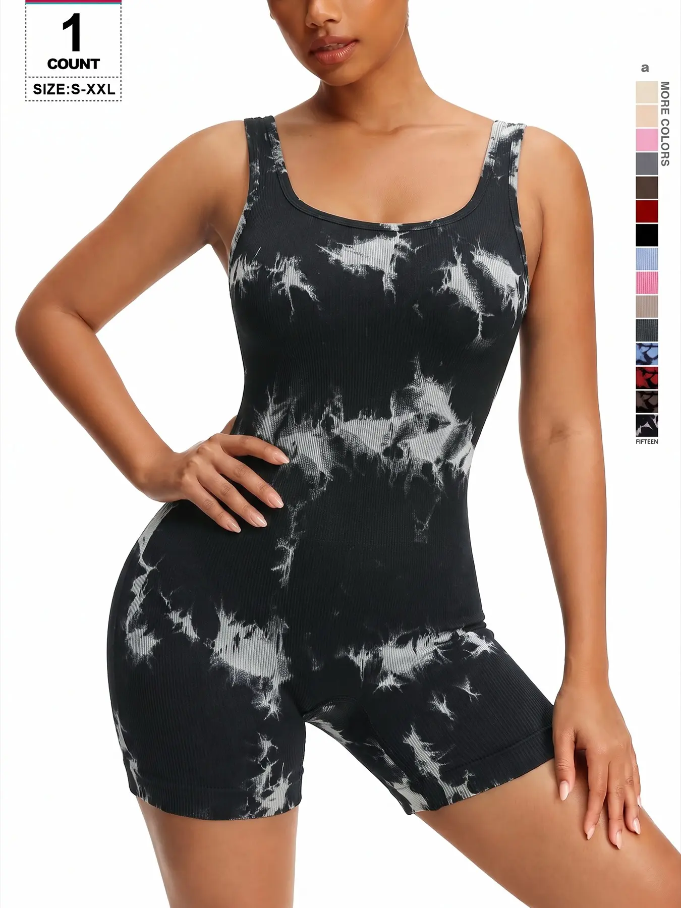 Women U Neck Racerback Tie Dye Ribbed Romper, Aesthetic Marble Print Soft Stretch Rib Knit, Casual H-Type Bodycon Jumpsuit for All Seasons