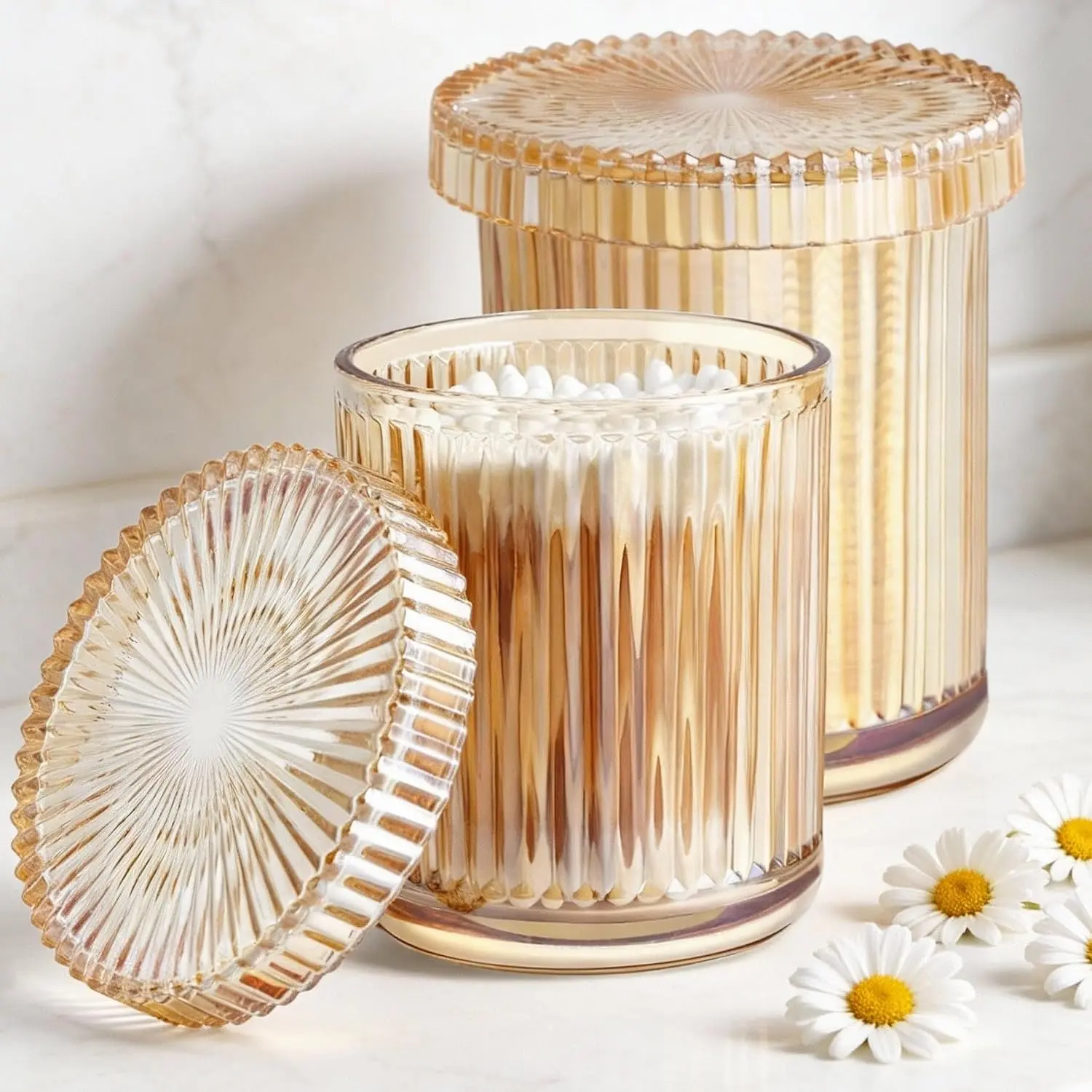 2 Pack Glass Qtip Holder Dispenser Set - Bathroom Organizer for Cotton Swabs, Balls, Pads, Floss Picks - Clear Apothecary Jars for Vanity, Makeup Storage, Bathroom Accessories Decor (Amber)