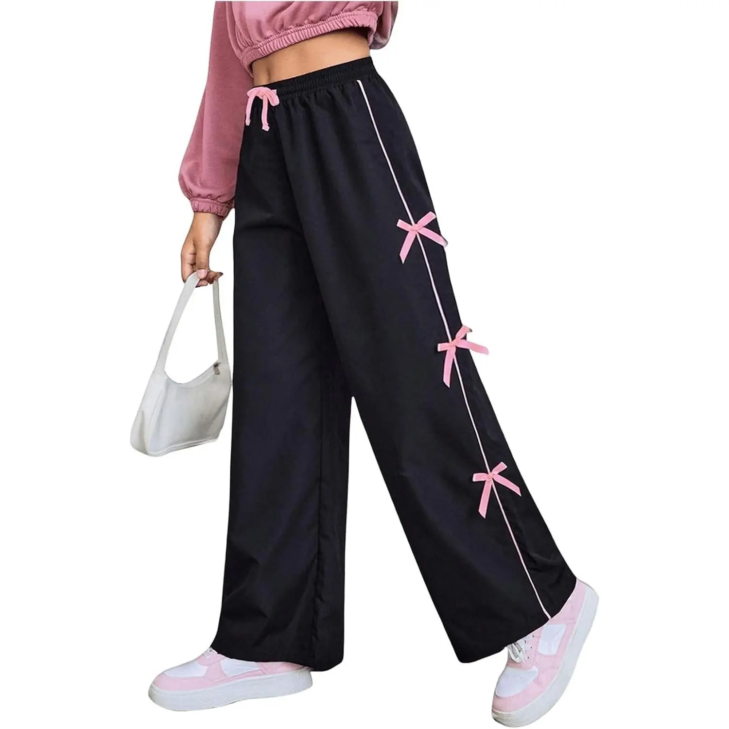 Girl's Bow Side Waist Track Pants Cute Wide Leg Trousers | Elastic Drawstring,Baggy Loose, Workout Hip Hop Dance Outfit, Casual Streetwear Sweatpants