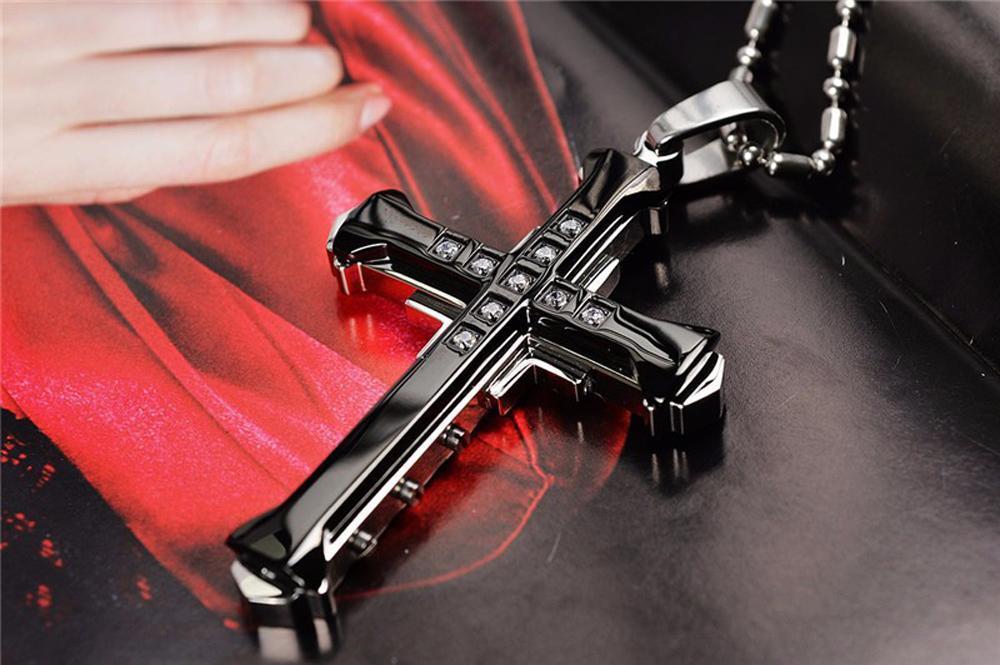 Trending Men's Crystal Cross Jesus Pendant Necklace - Gold/Black/Blue Zirconia, Stainless Steel Costume Jewelry, Jesus Piece, Jeweled Cross, Crucifix Graphic Necklaces, Cross Necklaces