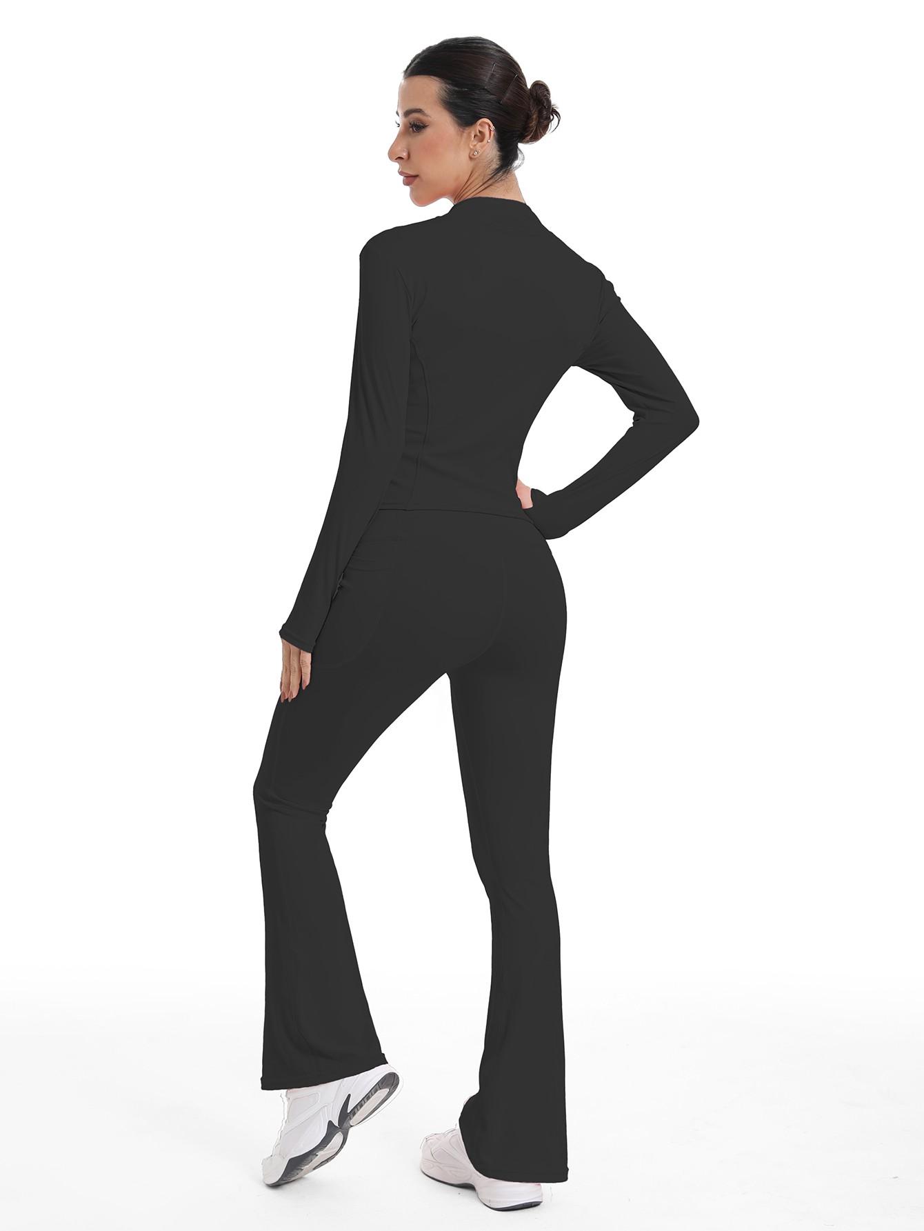 New Women's Two-Piece Set, Fashion Simple Solid Color Long Sleeve, High Elasticity Yoga Pants, Suitable for Daily Wear, Running, Cycling, Sports Activewear Set