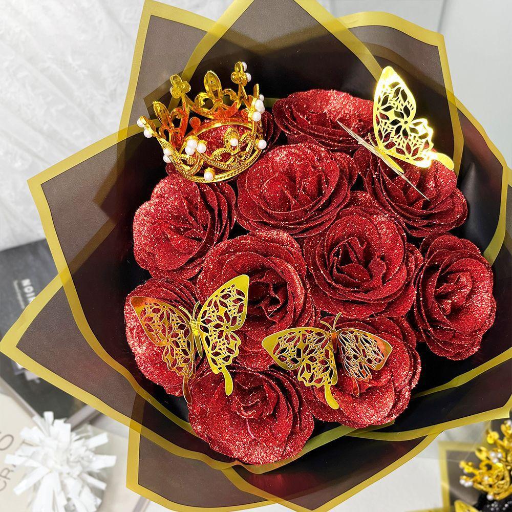 24/36 Pcs Glitter Roses Bouquet DIY Fake Flowers Set with 3D Butterflies Crown Alphabet Stickers Ribbon Mother's Day Gift for Mom Girlfriend Wife Women Valentine's Day Birthday Engagement Wedding Anniversary Graduation Gift TikTok Viral Aesthetic Craft