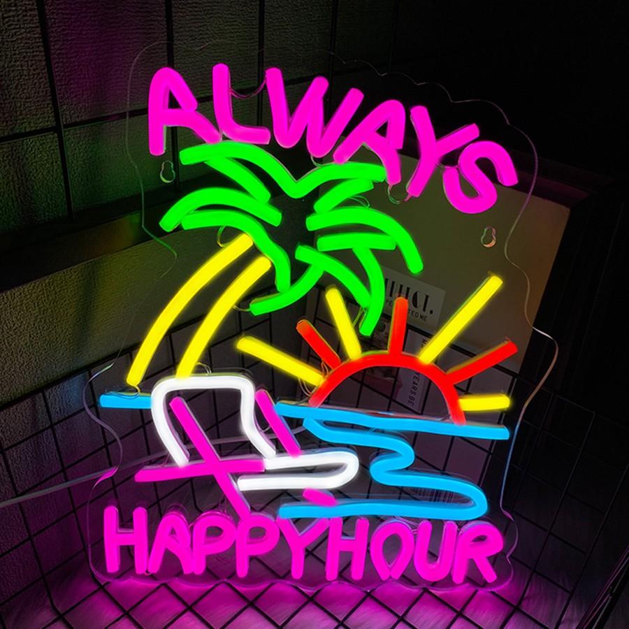 Always Happy Hour Neon Sign, Beach Neon Signs for Wall Decor, Palm Tree Led Light Up Signs for Bedroom Bar Club Pub Man Cave Restaurant Party Decorations