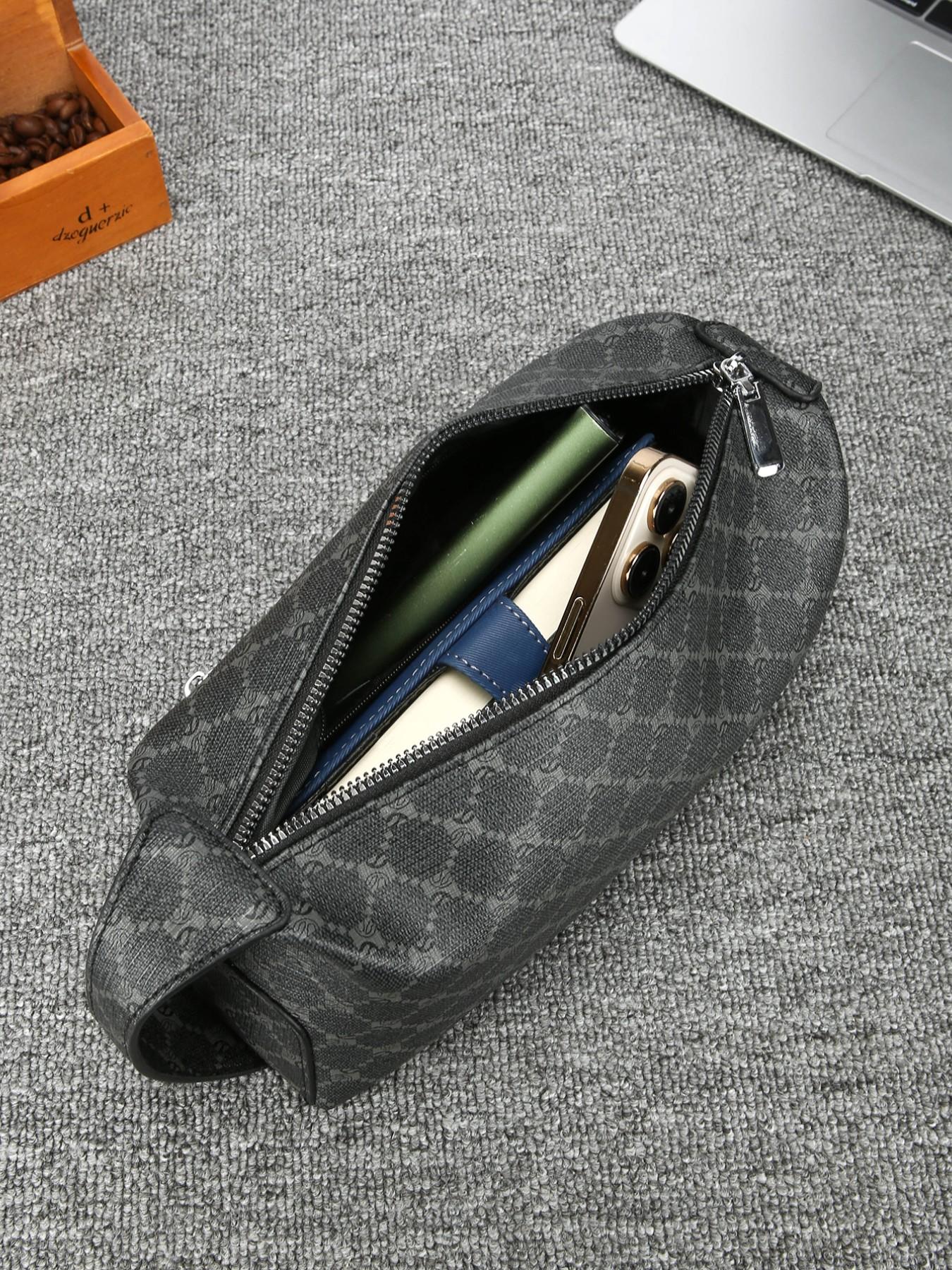 Men's Vintage Monogram Toiletry Bag, Large Capacity PU Leather Travel Dopp Kit, Portable Cosmetic Organizer with Handle for Daily Use