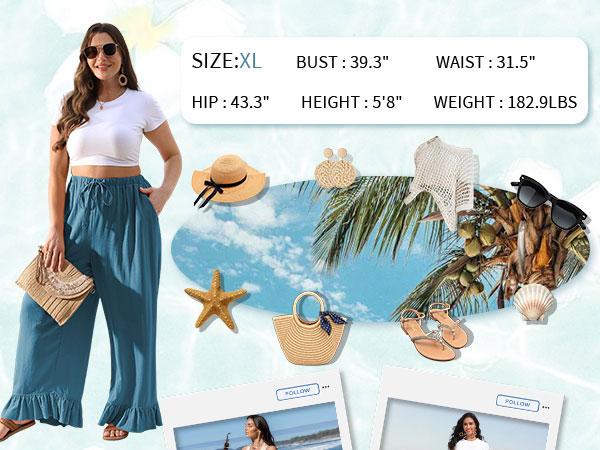 TARSE Women’s Linen Blend Casual Pants Flared Leg Wide Leg Drawstring Ruffle Harem Palazzo Pants with Pockets