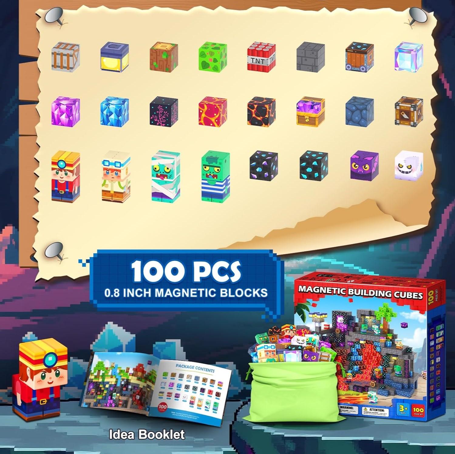 Magnetic Building Blocks-100PCS with Drawstring Bag STEM Montessori Children Sensory Toys Build Mine Magnet World Gift Set