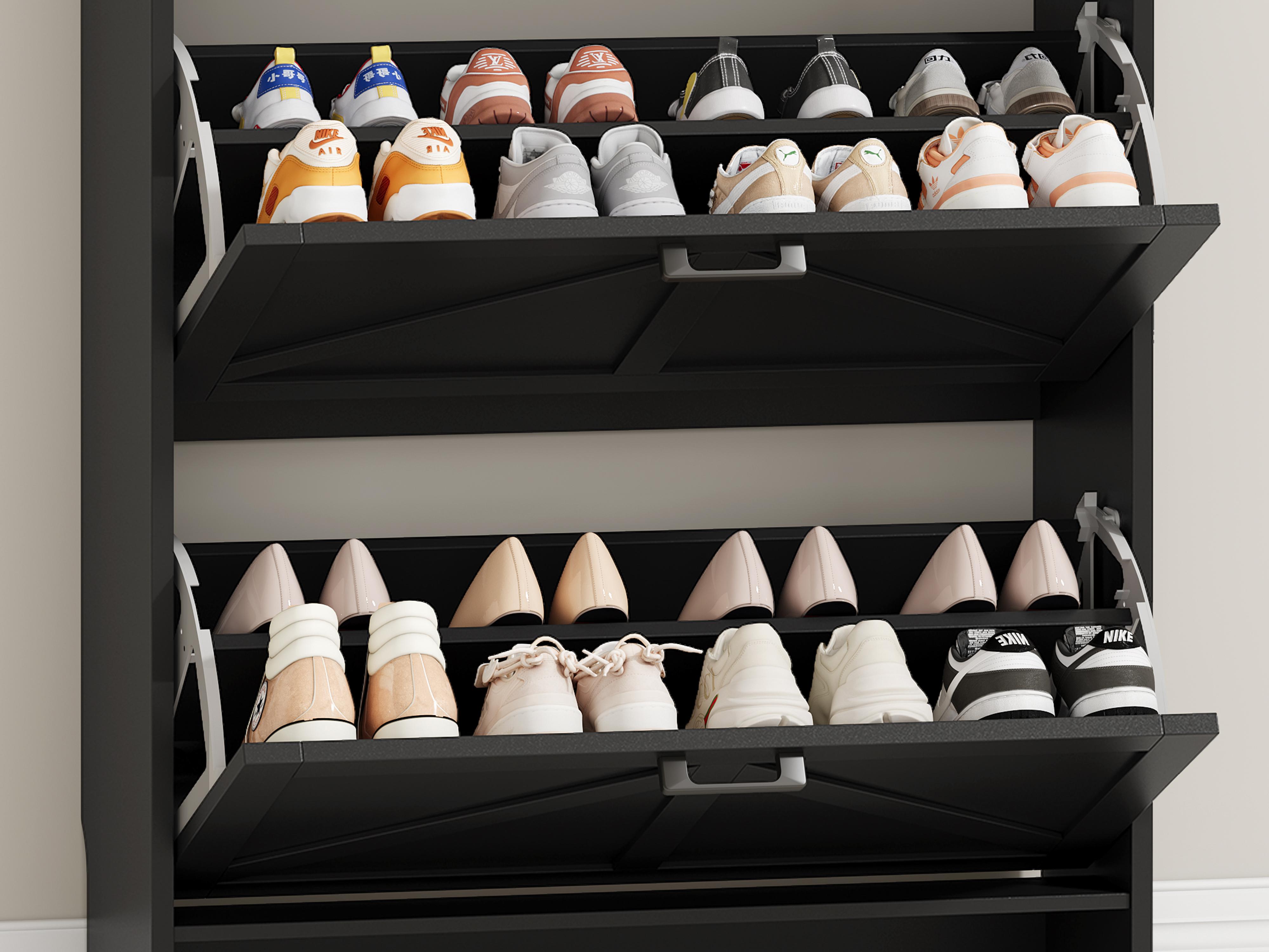 Shoe Storage Cabinet for Entryway, Farmhouse Wide Shoe Cabinet with 4 Flip Drawers and 2 Top Drawers, Freestanding Organizer with Adjustable Shelves, Hooks, and Anti-Tip Kit for Hallway Shoe Storage Cabinet for Entryway, Farmhouse Wide Shoe Cabinet with 4 Flip Drawers and 2 Top Drawers, Freestanding Organizer with Adjustable Shelves, Hooks, and Anti-Tip Kit for Hallway