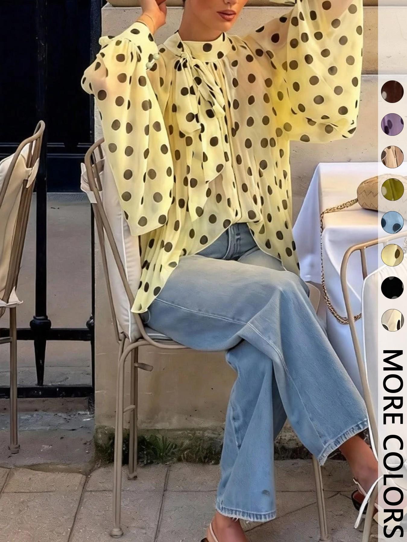 Women's Polka Dot Sheer Chiffon Blouse, Bow Tie Neck & Long-Sleeve Top, Loose Fit Elegant Feminine Shirt for Casual Daily, Party, Commute & Vacation Wear, Spring Summer Layering