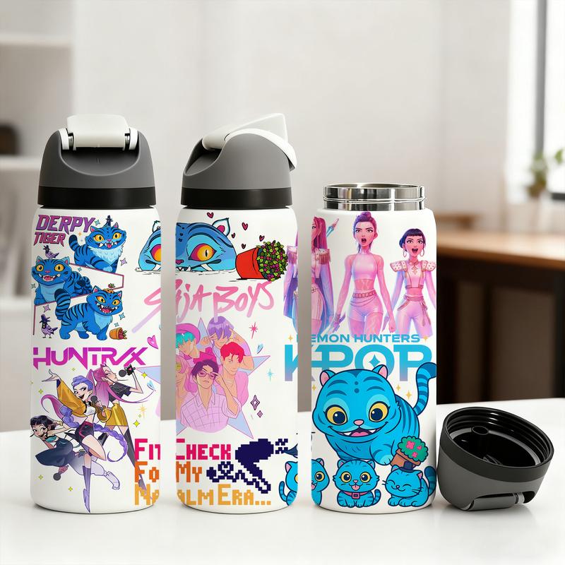 AuraCup 1pc 19/24/32oz Stainless Steel Insulated Tumbler, Insulated Travel Drinkware, KPop Demon Hunters, with Lid and Straw, Keep Hot 12H/Cold 24H, Great for School, Travel or Coffee, Gift for Teens or Pop Culture Fans, Valentine’s Day