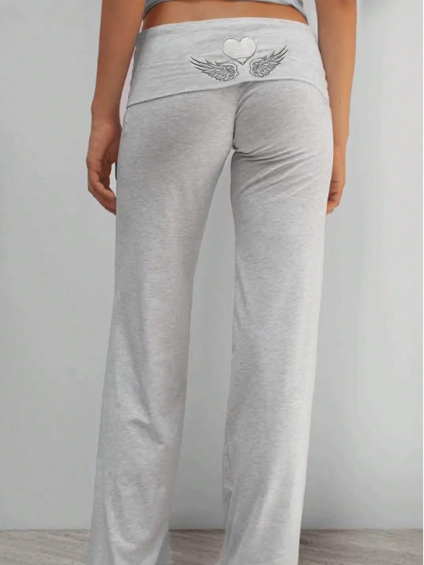 Women Heart Wing Embroidery Fold‑Over Waist Flare Pants, Soft Stretchy Lightweight Casual Trousers, Low Rise Full Length Bootcut Bottoms, Comfy Loose Fit Lounge Wear, Vintage Y2K Streetwear Bottoms, Chic Relaxed Pants For Women Daily Going‑Out Look