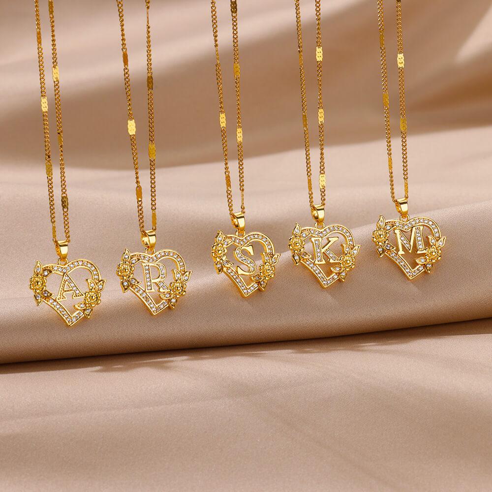 New Fashion Letter Detail Heart Shaped Pendant Necklace, Love Necklace for Women for Summer, Rhinestone & Flower Decor Stainless Steel Matching Necklace Jewelry, Girl's Temperament Cloths Accessory for Daily Wear