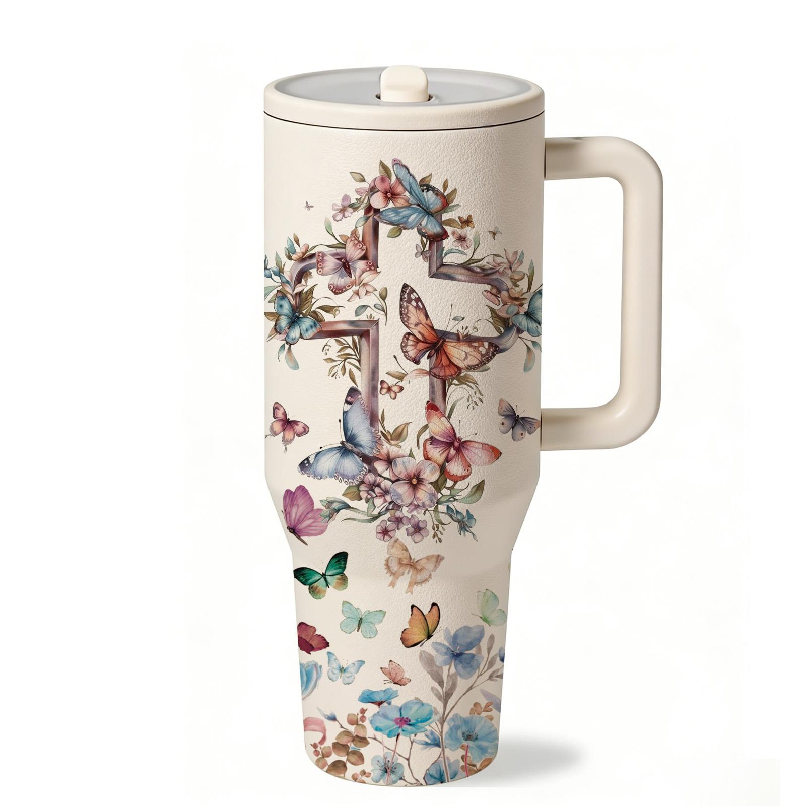 1 Pc 40oz insulated mug Tumbler, Christian Bible verse floral cross butterfly design, double wall vacuum insulated, leak proof lid with handle, keeps hot 12 hours and cold 24 hours, for hot cold drinks, office travel gym, faith gift for women men, holiday