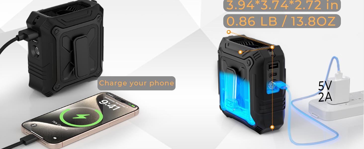 FrSara Portable Waist Fan, 14500mAh Built in PowerBank, with 5-Speed ​​​​Settings, silicone case, metal clip, 2 Settings including Flashlight, Travel Essential for Outdoor Camping as Power Bank, Suitable for Outdoor Work, Camping, Golf