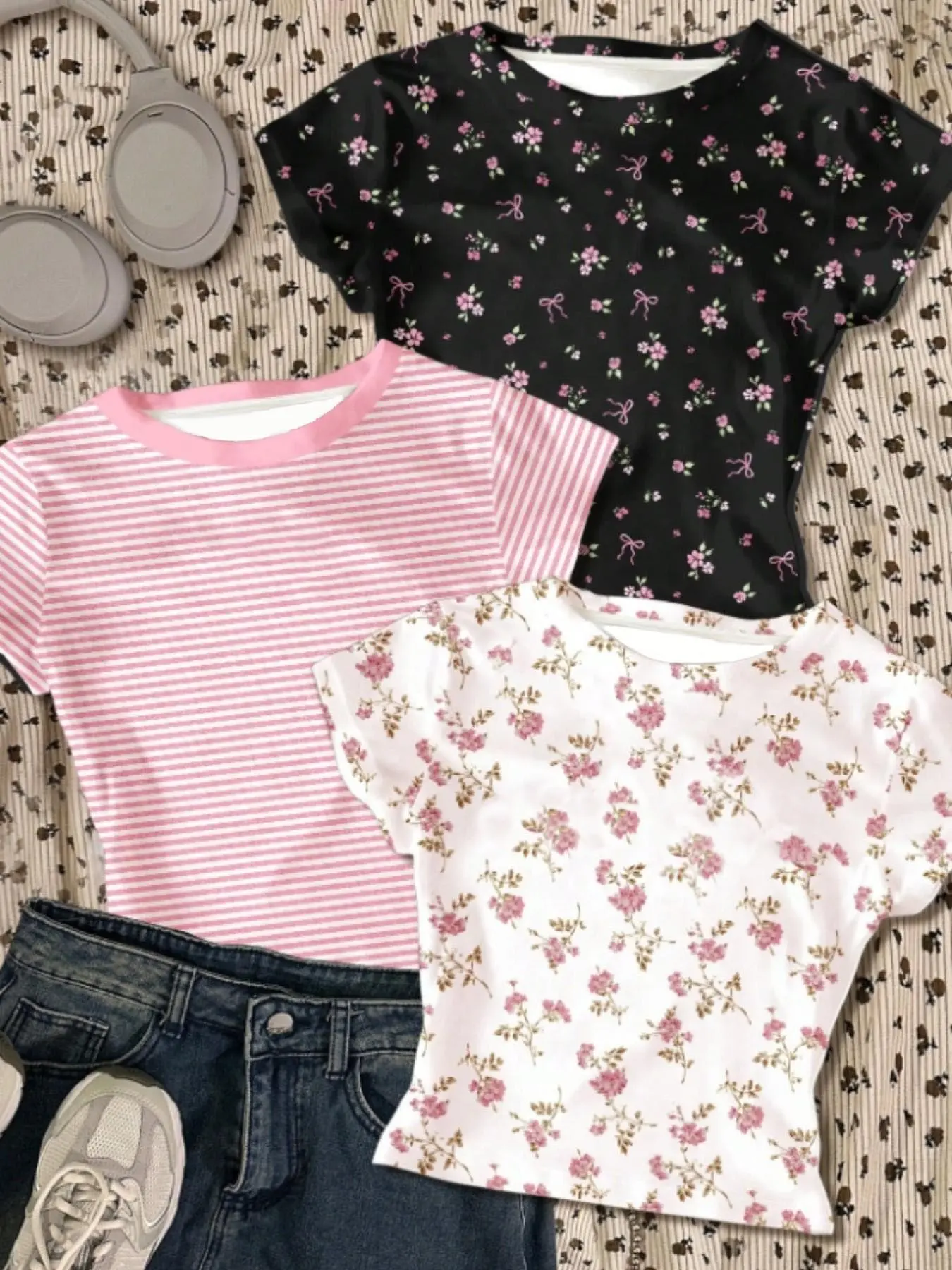 3-Pack Girls' Round Neck T-Shirts, Cute Sweet Style, Floral, Bow, Striped Prints, Slim Fit Short Sleeve, Summer Casual Top