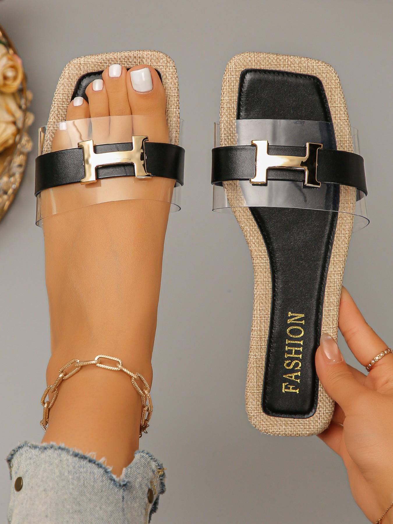 H Hook Sandals, Transparent Strap + Straw Sole, Slip-On Design, PU Leather Upper, Rubber Sole, Fashionable Stars Pattern, Less Than Ankle Height