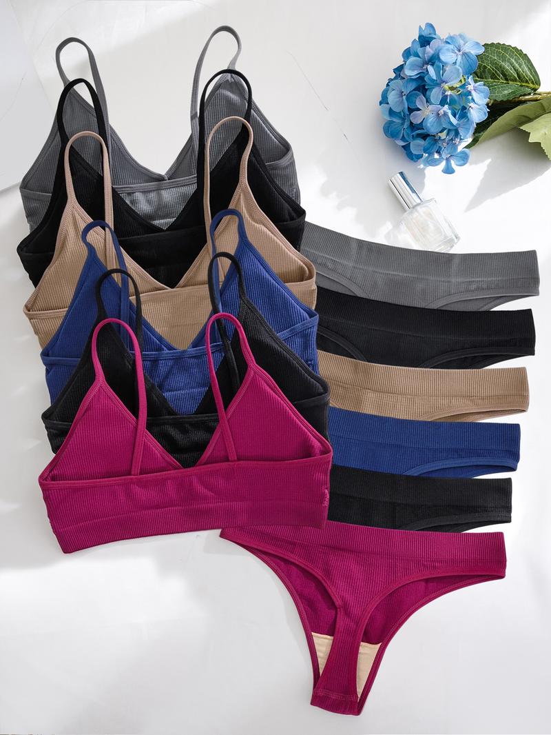 Women's Solid Wireless Bra & Panty Set, Comfy Breathable Replaceable Chest Pads Bra & Panty Set, Softness Underwear Set for Women, Casual Soft Panties