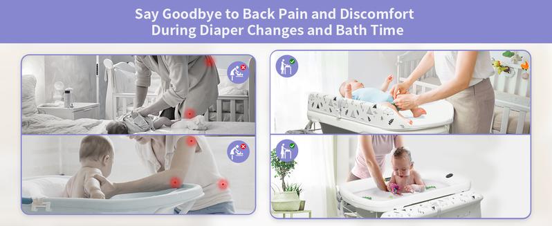 2 In 1 Safety Collapsible Baby Bathtub With Changing Table,Waterproof Diaper Changing Station Portable Travel Cute Care Baby Tub,Adjustable Height Nursery Organizer With Storage Racks For Newborn Infant Toddler