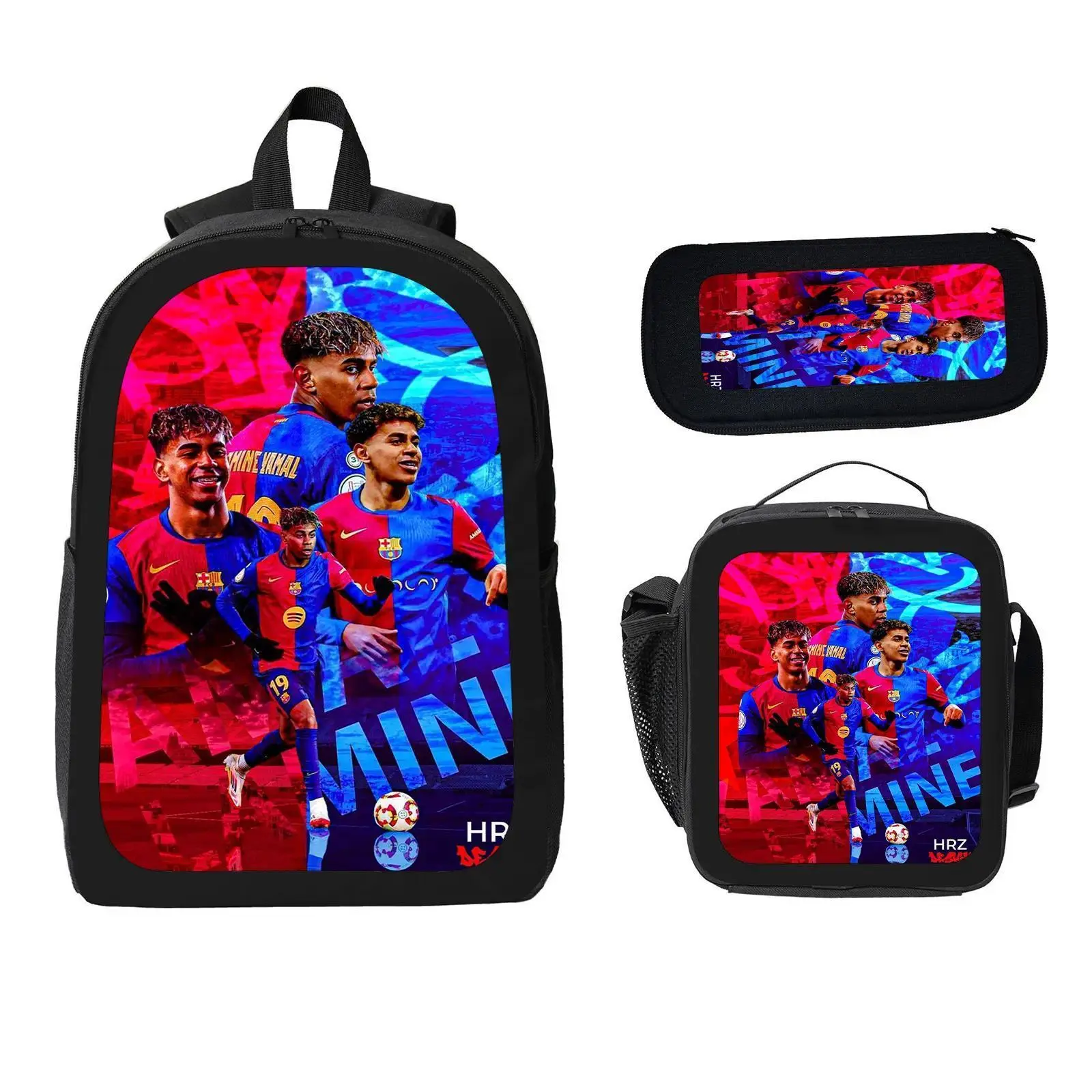 LAMINE YAMAL Unisex 3-Pcs Youth Backpack Set Pack for Kids, Large Capacity Water Resistant Bookbag with Insulated Lunch Bag & Pencil Case, Elementary-Middle School Travel Daypack b-36