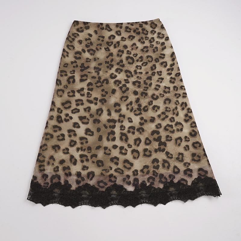 Street Retro Lace Patchwork Leopard Print Midi Skirt, Women's Y2K Aesthetic Summer Low Waist Skirt, Fashionable Layered Hem Design