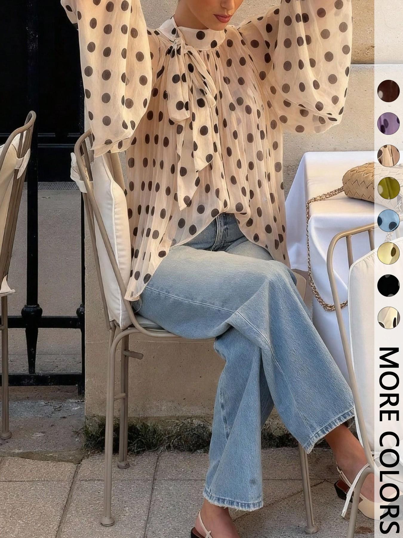 Women's Polka Dot Sheer Chiffon Blouse, Bow Tie Neck & Long-Sleeve Top, Loose Fit Elegant Feminine Shirt for Casual Daily, Party, Commute & Vacation Wear, Spring Summer Layering
