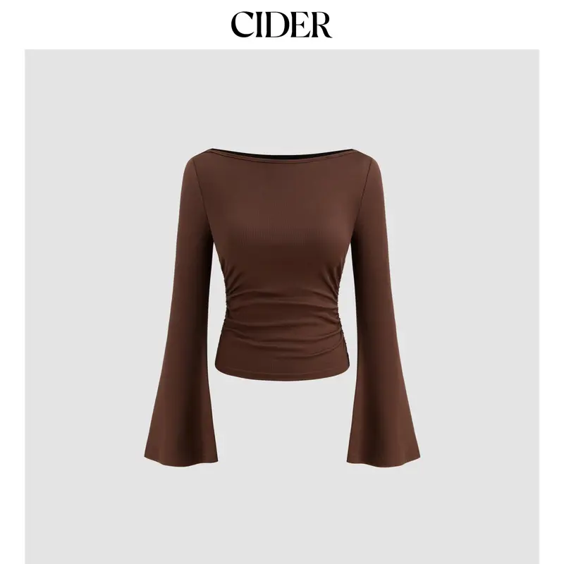 Cider Boat Neck Solid Ruched Long Sleeve Tee