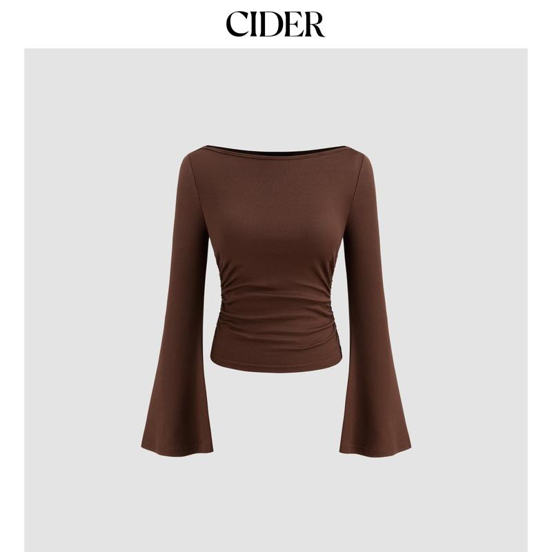 Cider Boat Neck Solid Ruched Long Sleeve Tee