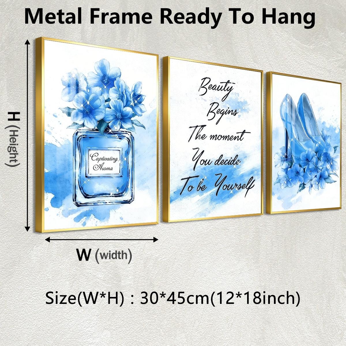 3 Counts Aluminum Alloy Framed Painting, Blue High Heels Perfume And Flowers Illustration, Home Decoration For Living Room, Bedroom, Office, Restaurant, Hallway Wall Decor, Odorless Print Artwork, Luxury Perfect Gift For Friends And Family