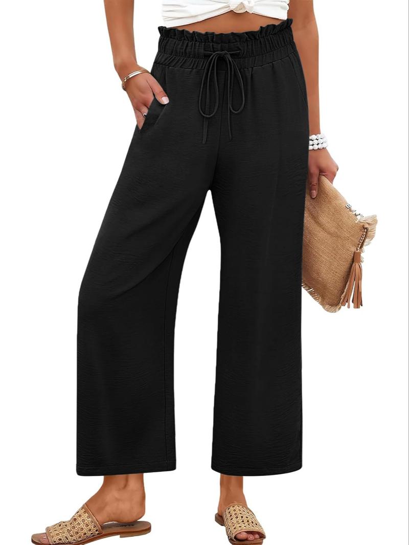 Women's Comfy Drawstring Casual Palazzo Pants, High Waist Cropped Lounge Trousers with Pockets, Fitted Organic Textile, All Seasons, Casual Fashion Trousers