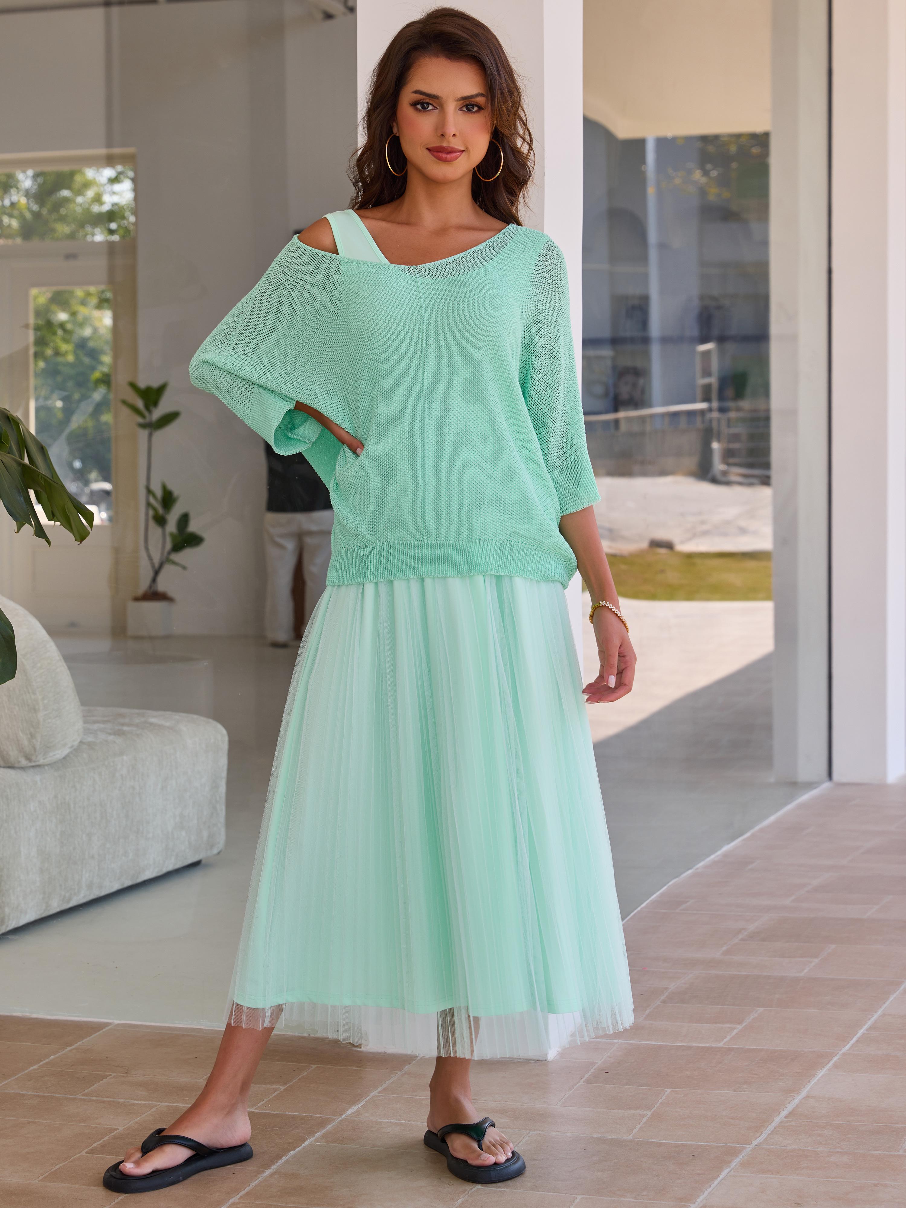 Joyfunear Women's Solid Color Knit Top & Dress Two piece Set Elegant Fashion Casual dress Set for Daily Outdoor Wear women Summer outfit