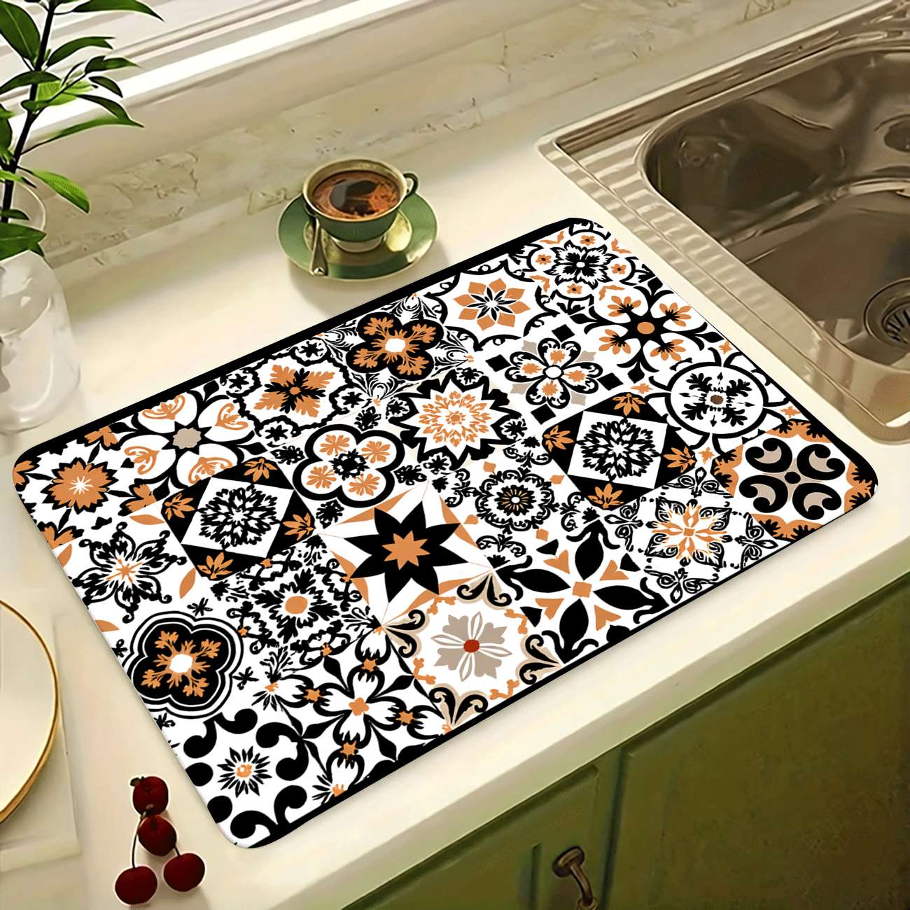Multi-Functional Table Mat, Floral Grid Print Rubber Coaster, Easy Clean, Water Absorbent, Non-Slip, Durable, Ideal for Kitchen and Bedroom