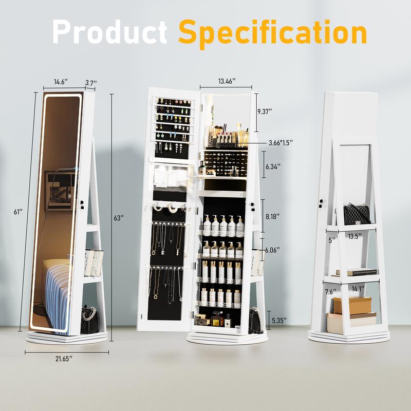 【Valentine's Day gift】Standing Rotable Mirror Cabinet, full-length mirror, adjustable lighting make up mirror, armoire, space-saving, large storage space, perfect gift idea White Decor