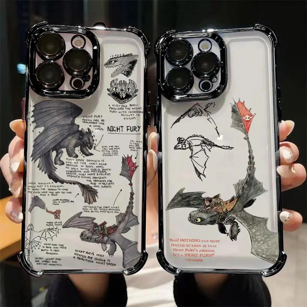 D-Dragons Toothless Plating Phone Case For iPhone 17 Promax 17Air 16 Plus 15 14 13 12 11 Pro & Samsung Galaxy S26 Ultra S25 S24 S23 FE Plus EDGE Anti-Drop Anti-Fall Transparent Shockproof TPU Smartphone Back Cover