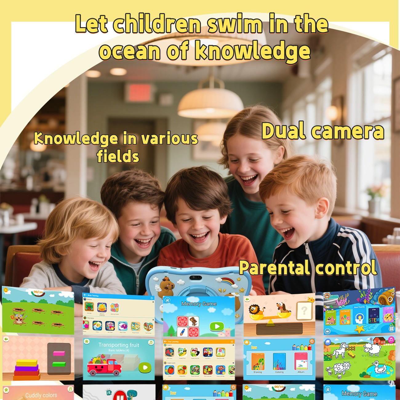 7-inch tablet | IWAWA learning application | Secure internet parental control | Sensitive touch screen+learning anti fall shell (blue/pink | no adapter) holiday gift, children have fun, parents feel more at ease