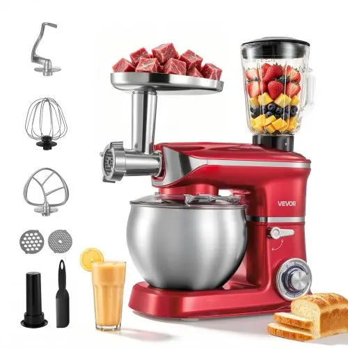 VEVOR 6.3 Qt 3-in-1 Tilt Head Variable Speeds Stand Mixer, 400W Electric Dough Mixer with Stainless Steel Bowl, Meat Grinder, Blender Attachments, Dough Hook, Whisk, Beater, Variable Speeds Stand Mixers