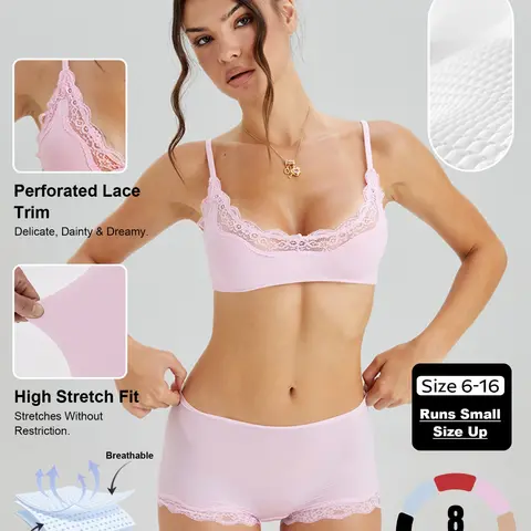 Women's Basic Minimalist Lace Trim Bra & Low Rise Panties Co-ord, Solid Color Slightly Sheer Adjustable Spaghetti Strap Bralette & Knicker, Seamless Sweat-Wicking Stretch Daily Underwear Outfits #TikTokMadeMeBuyIt #MatchingSet #Bralette