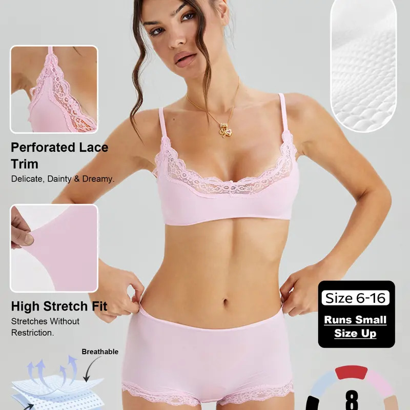 Women's Basic Minimalist Lace Trim Bra & Low Rise Panties Co-ord, Solid Color Slightly Sheer Adjustable Spaghetti Strap Bralette & Knicker, Seamless Sweat-Wicking Stretch Daily Underwear Outfits #TikTokMadeMeBuyIt #MatchingSet #Bralette